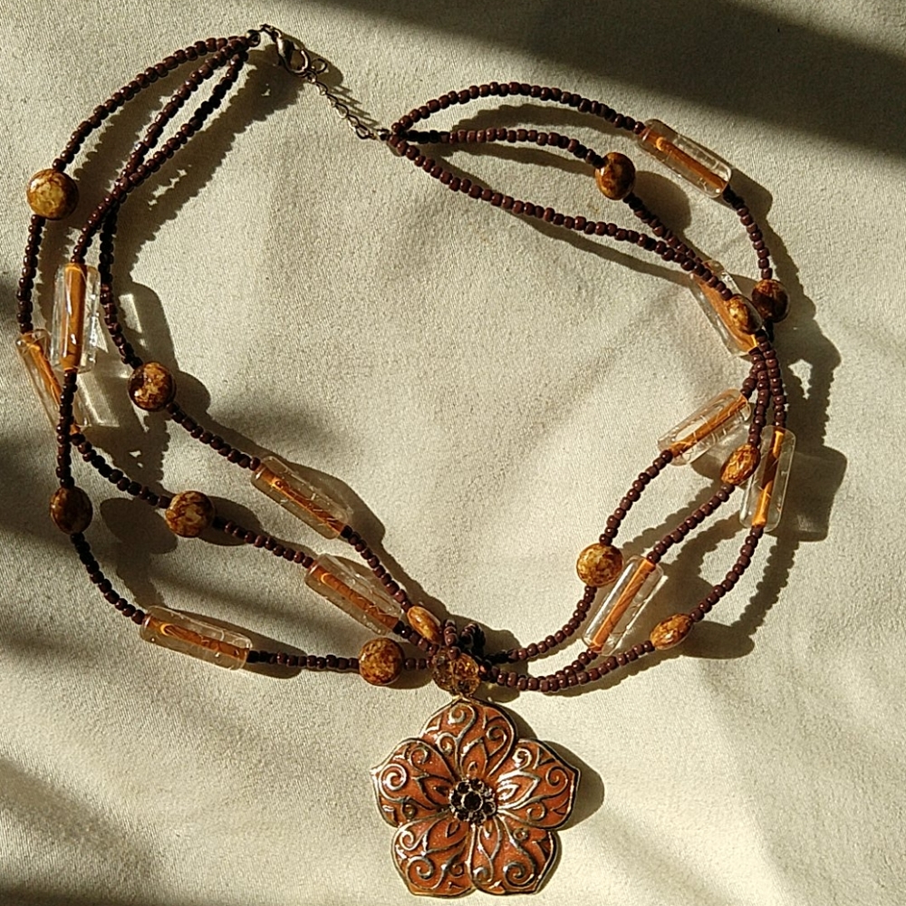 Beaded Flower Pendant Necklace Boho Layered Chunky Fall Neutral